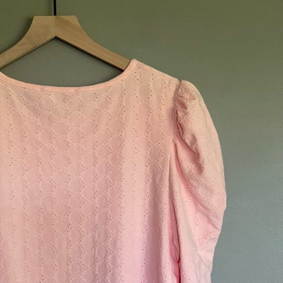 LOFT Eyelet Puff Sleeve Tee Pink Size XL Popover Crewneck Lightweight Feminine - Picture 10 of 14